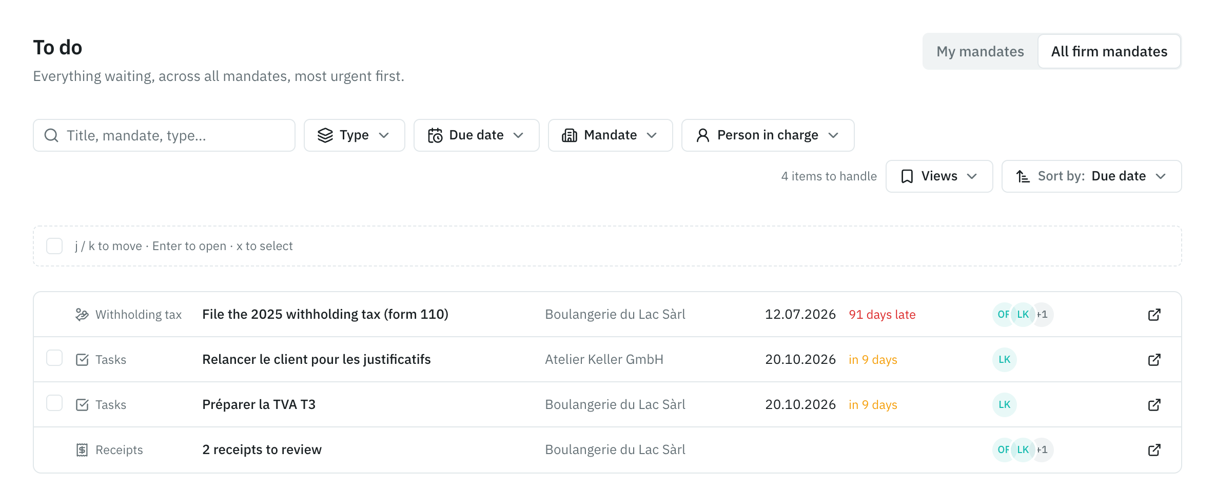 The To do page: a late closing and tasks, with their mandate, due date and assignee.