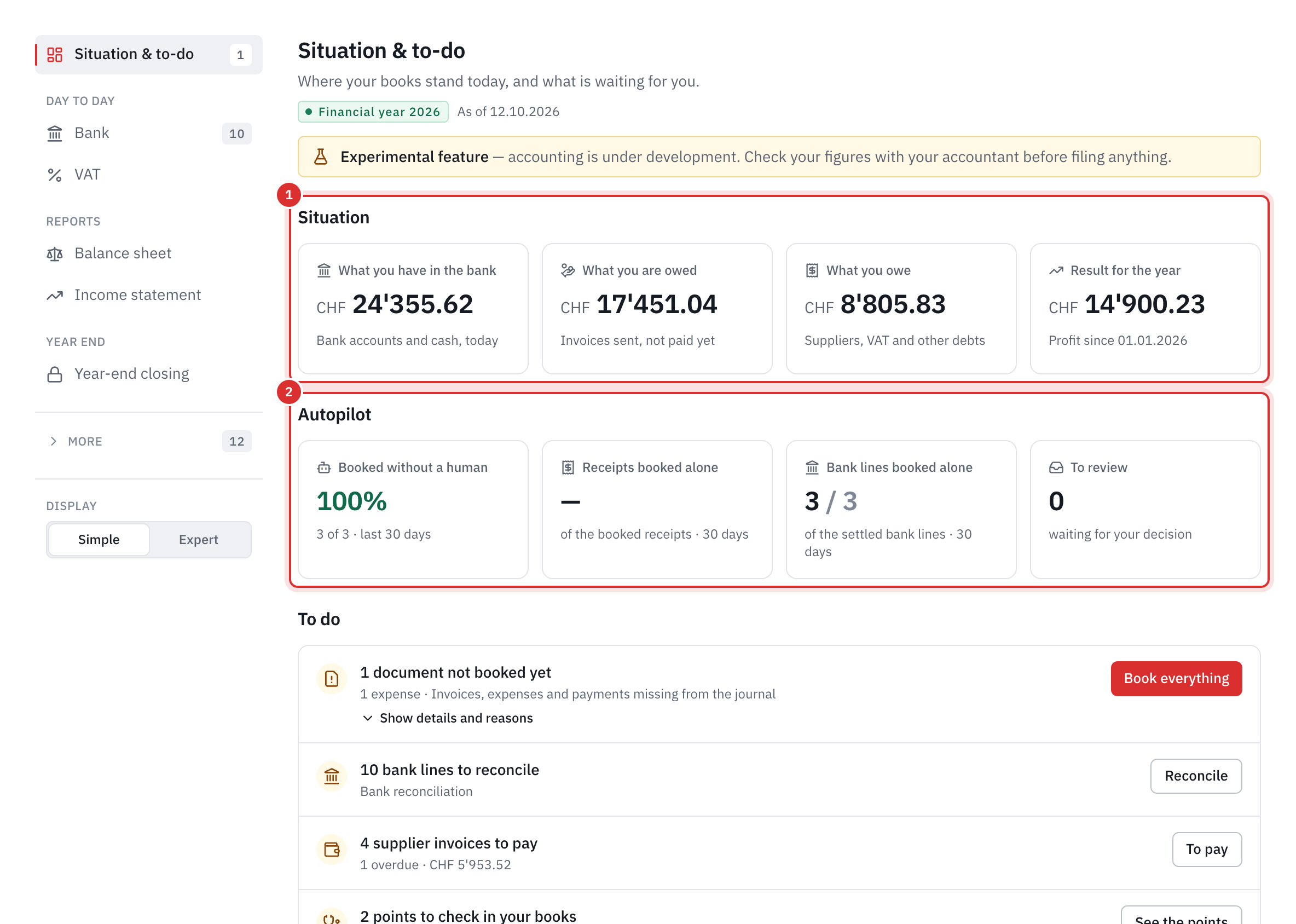 The Situation & to-do page: four figures of the situation, the autopilot and the start of the To do list.