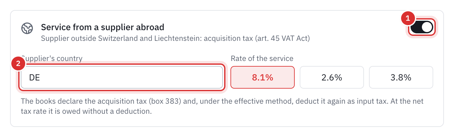 The Service from a supplier abroad panel of an expense: the switch turned on, the supplier’s country DE and the rate of the service.