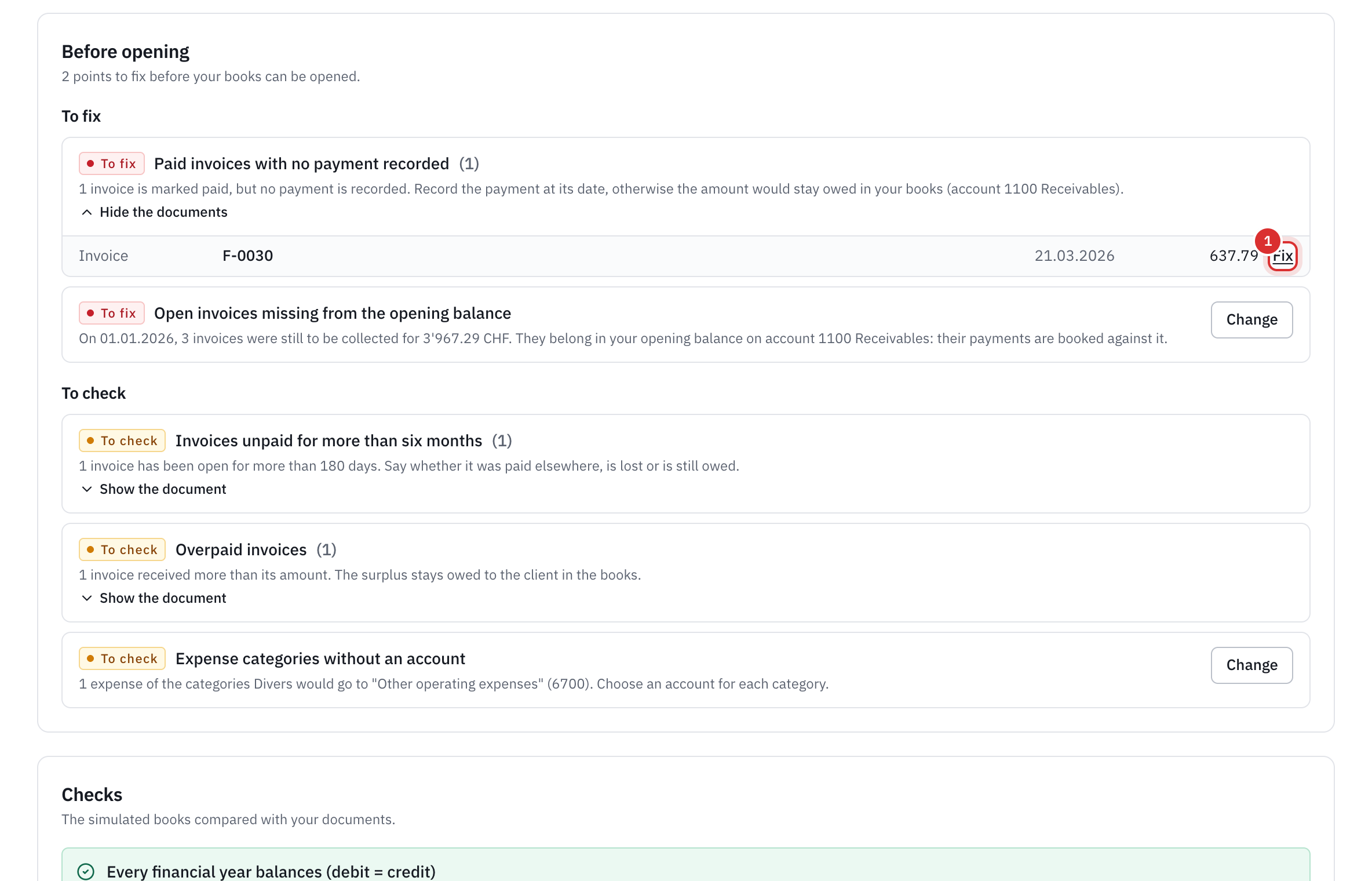 The preview: two points to fix, one of them an invoice marked paid without a payment, with the Fix link.