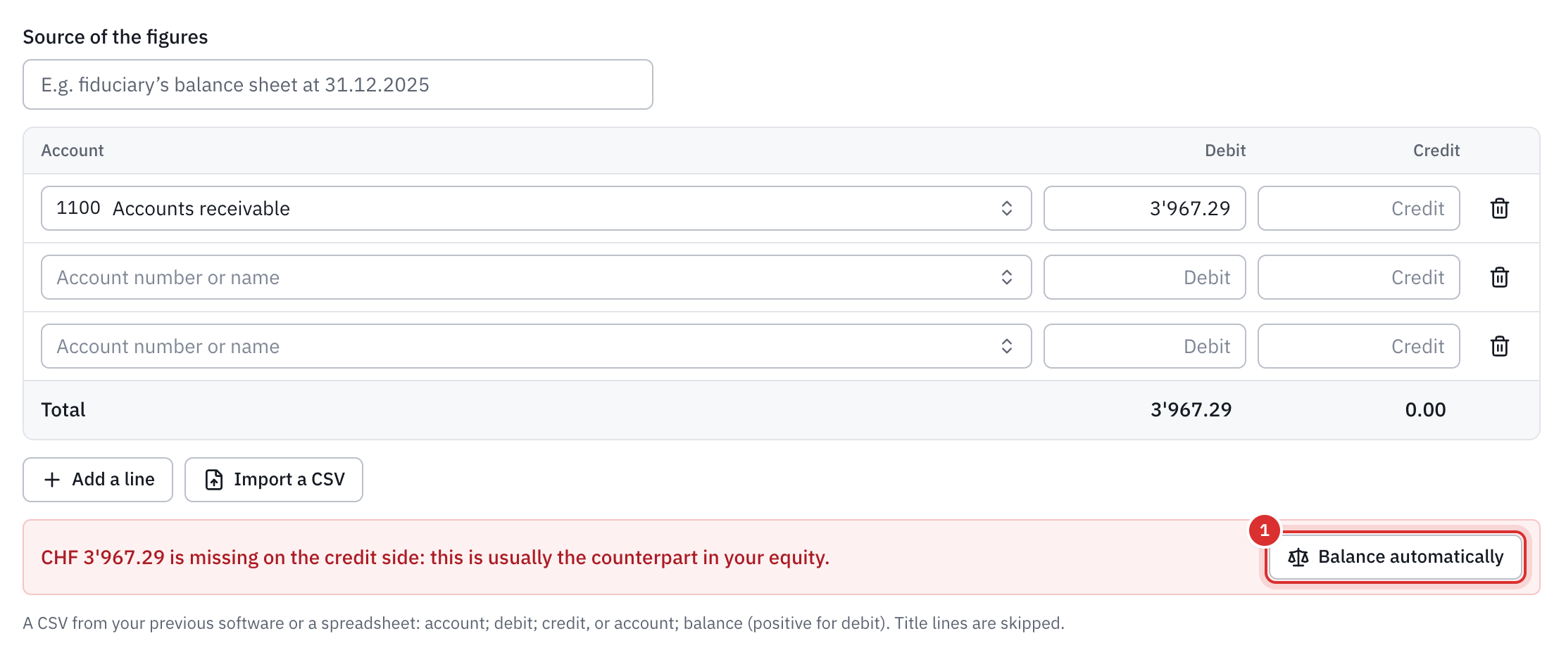 The opening balance with only the line of the open invoices: the message with the amount missing on the credit side and the Balance automatically button.