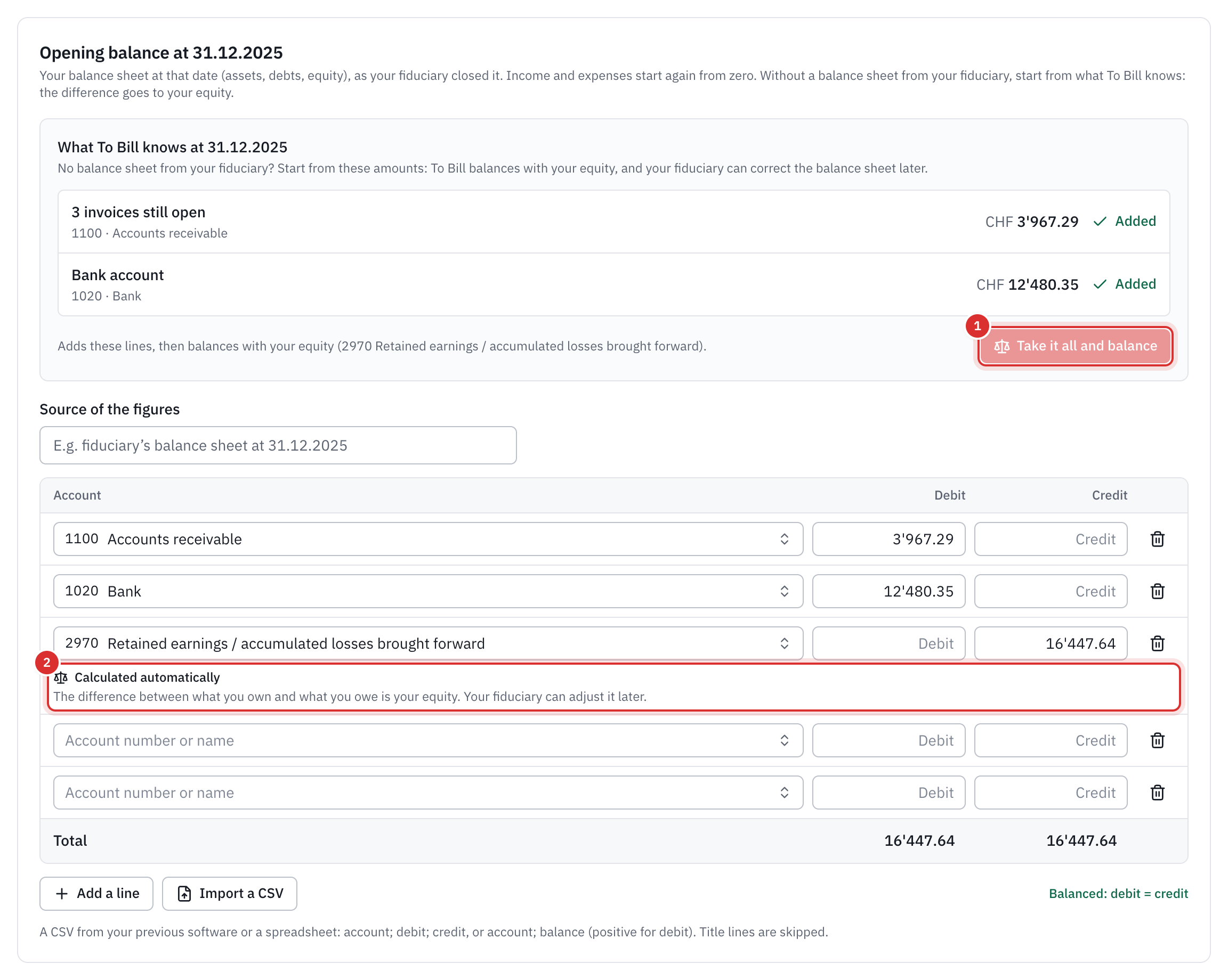 The opening balance taken from what To Bill knows: the open invoices on account 1100, the bank account on account 1020 and the automatically calculated line 2970 that balances it.