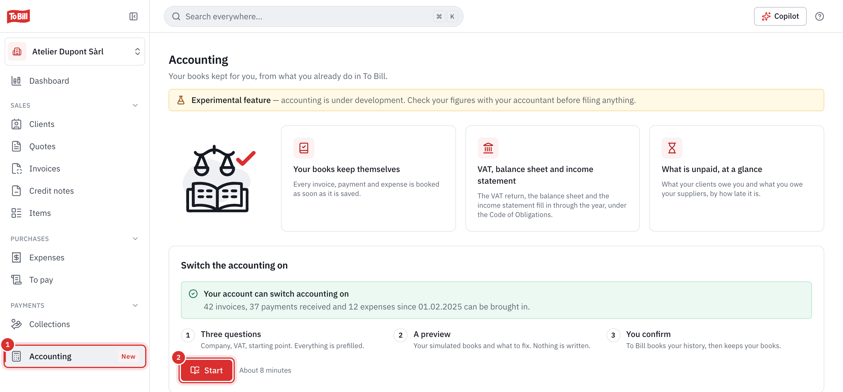 The Accounting page before it is turned on: the Accounting menu item marked New and the Start button.