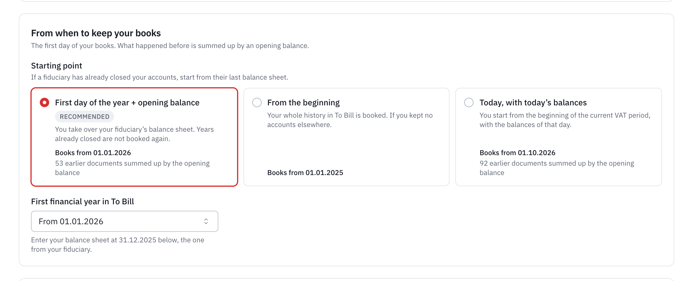The Starting point step: the three choices and the date each one starts the books.
