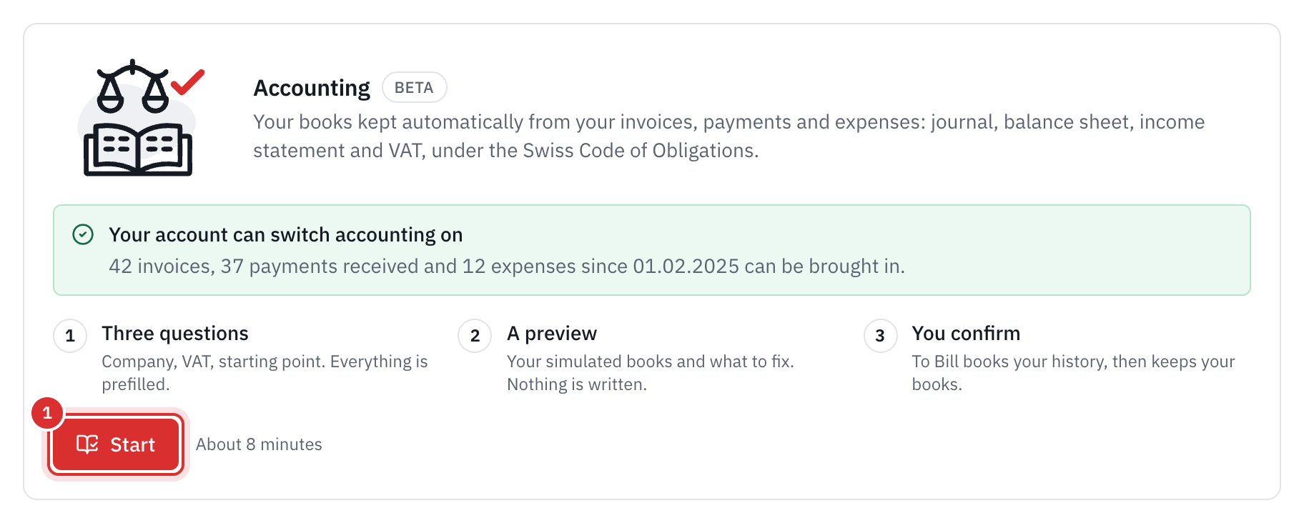 The Accounting card in Settings, Modules, with the Start button.