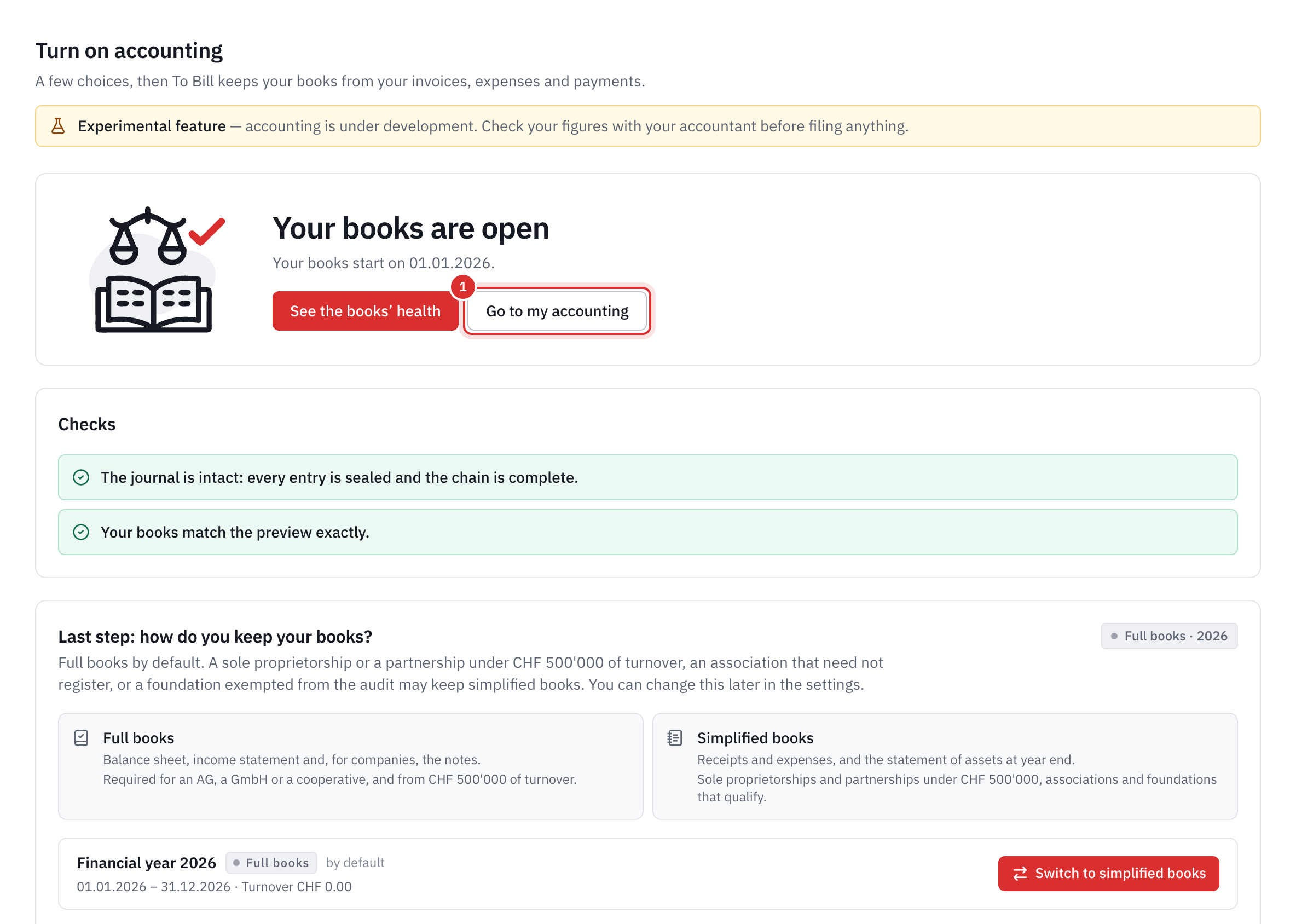 The Your books are open screen, with the checks and the choice of how the books are kept.