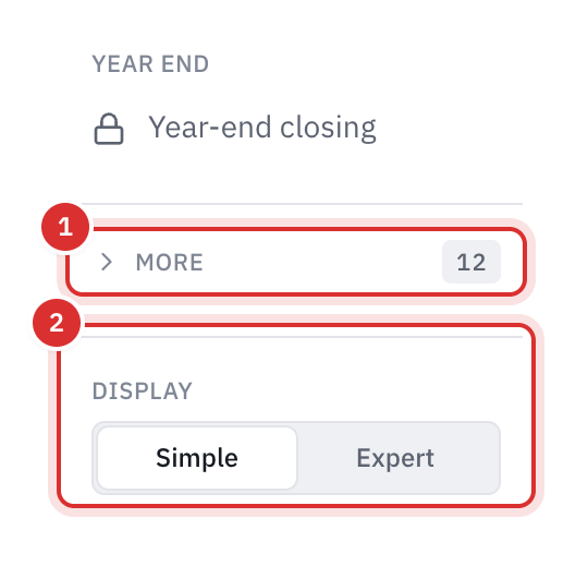 The bottom of the accounting menu: the More group folded, with the number of documents waiting in it, and the choice of the Simple or Expert display.