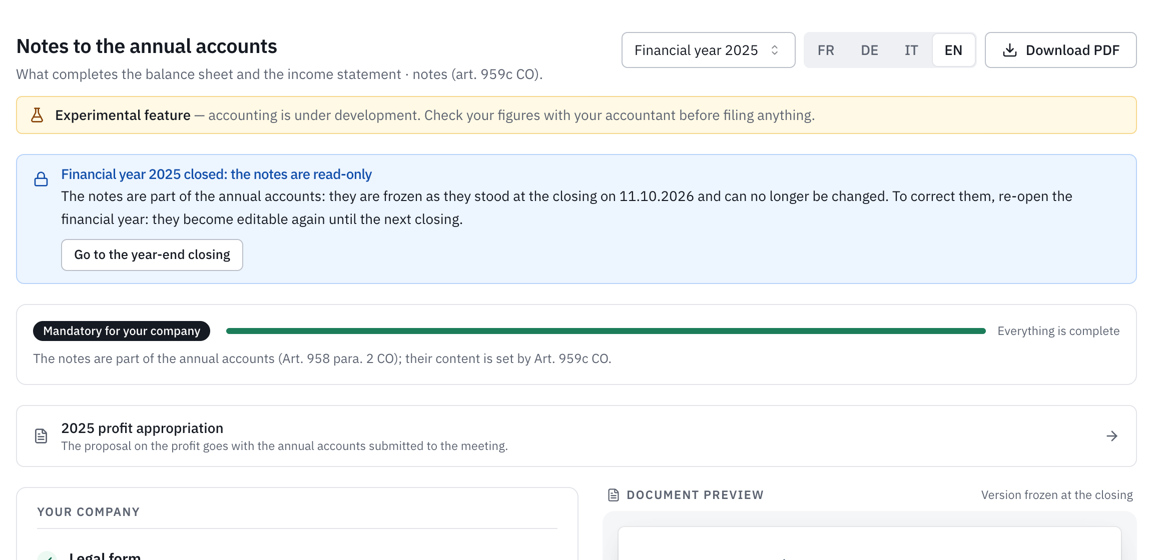The 2025 notes after the closing: the message Financial year 2025 closed: the notes are read-only, with the Go to the year-end closing link.