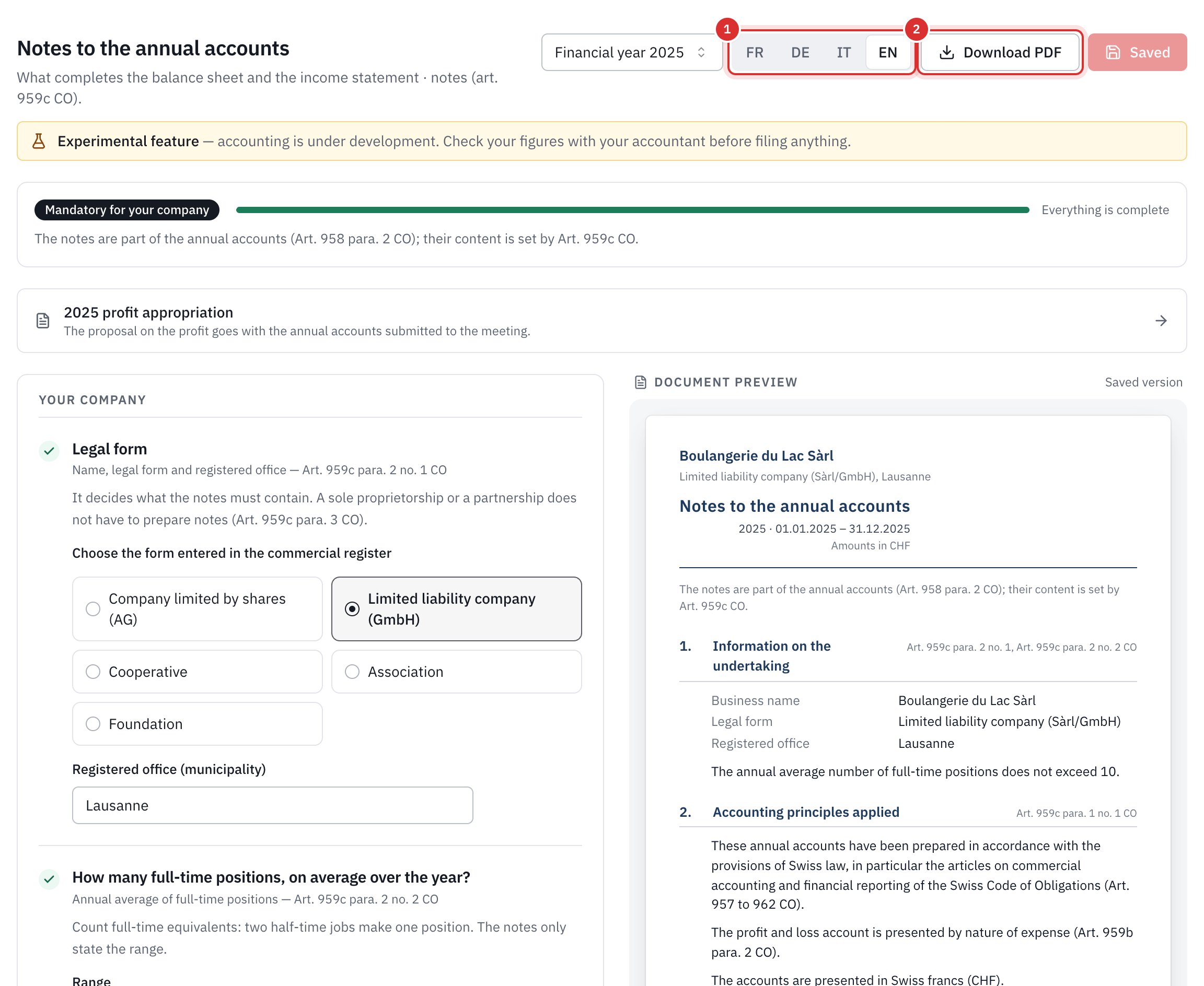 The 2025 notes: the document language, the Download PDF button, the Everything is complete bar, the questions about the company on the left and the document preview on the right.