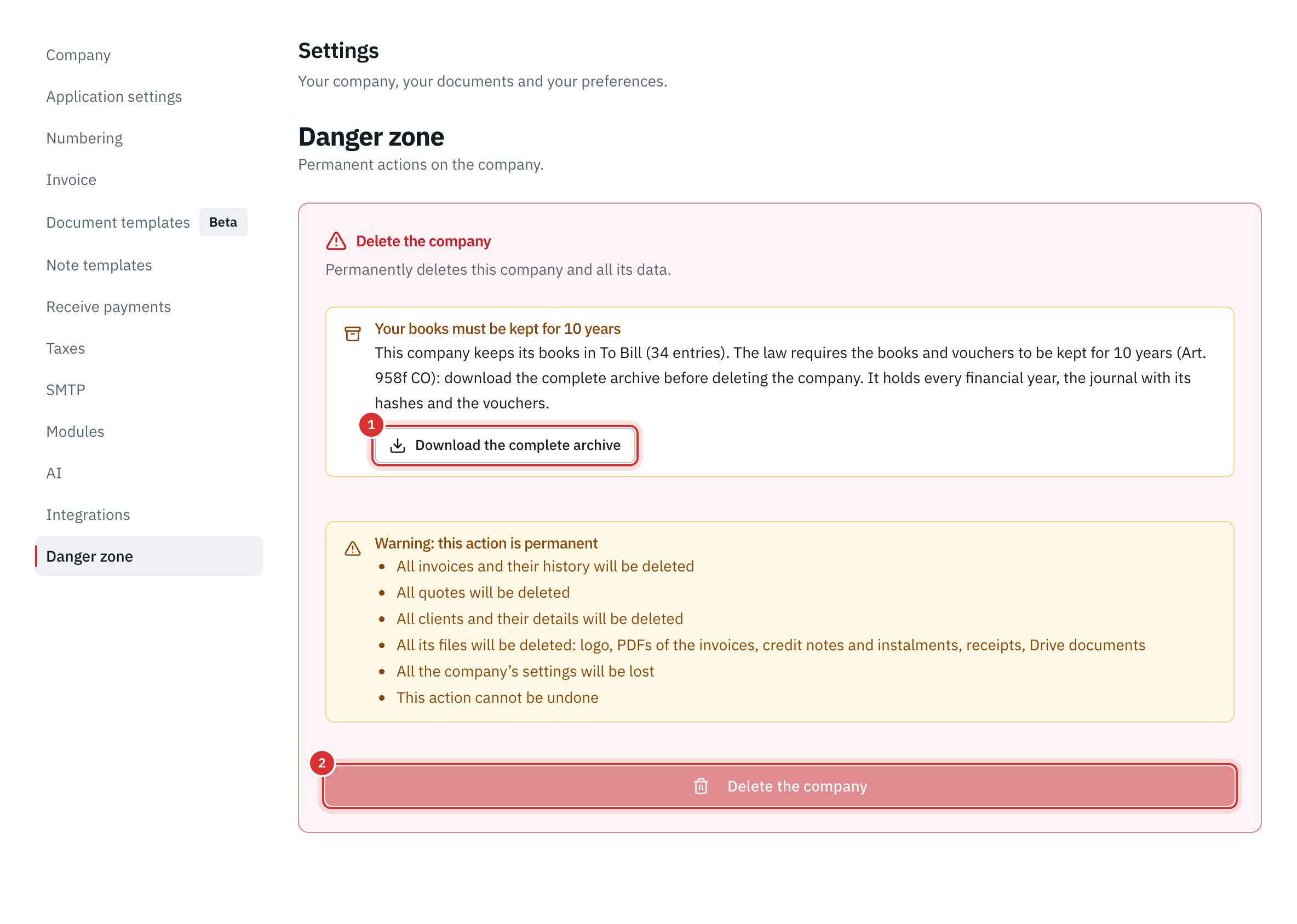 The danger zone: the Your books must be kept for 10 years box with the Download the complete archive button, and the Delete the company button disabled.