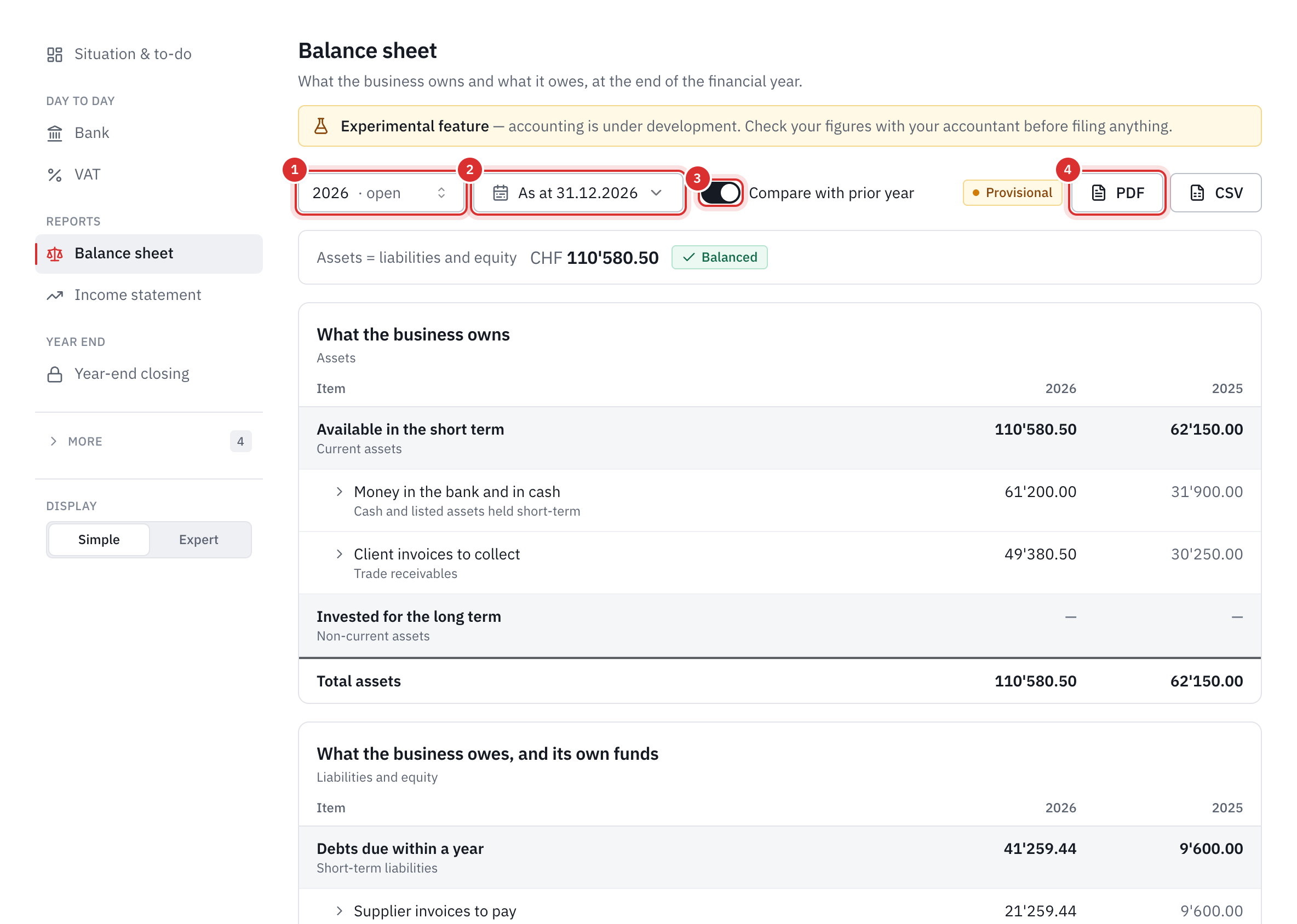 The balance sheet: the financial year, the date, the comparison with last year turned on, the PDF and CSV buttons, then the assets for 2026 and 2025.