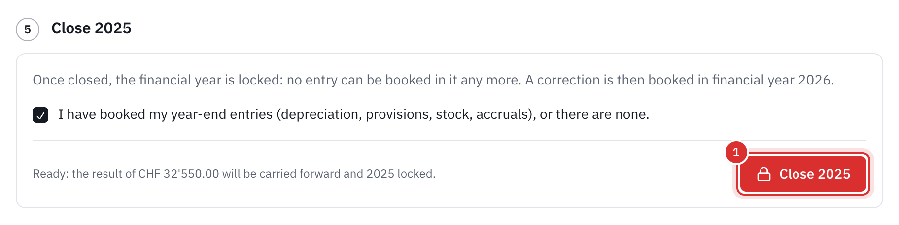 The Close 2025 step: the year-end entries box ticked and the Close 2025 button.