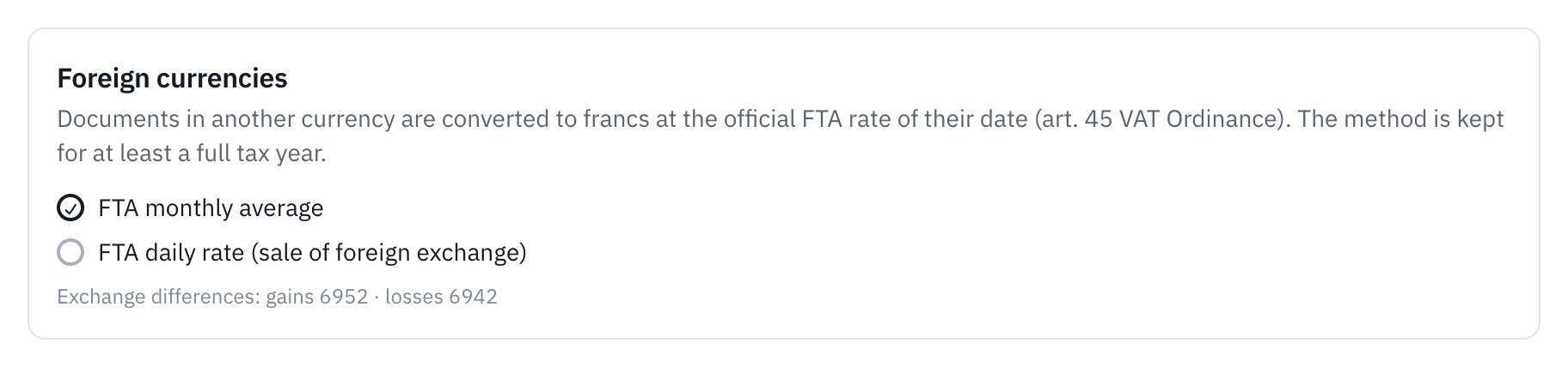 The Foreign currencies card in the settings: the FTA monthly average rate chosen, the daily rate as an option, and the exchange difference accounts.