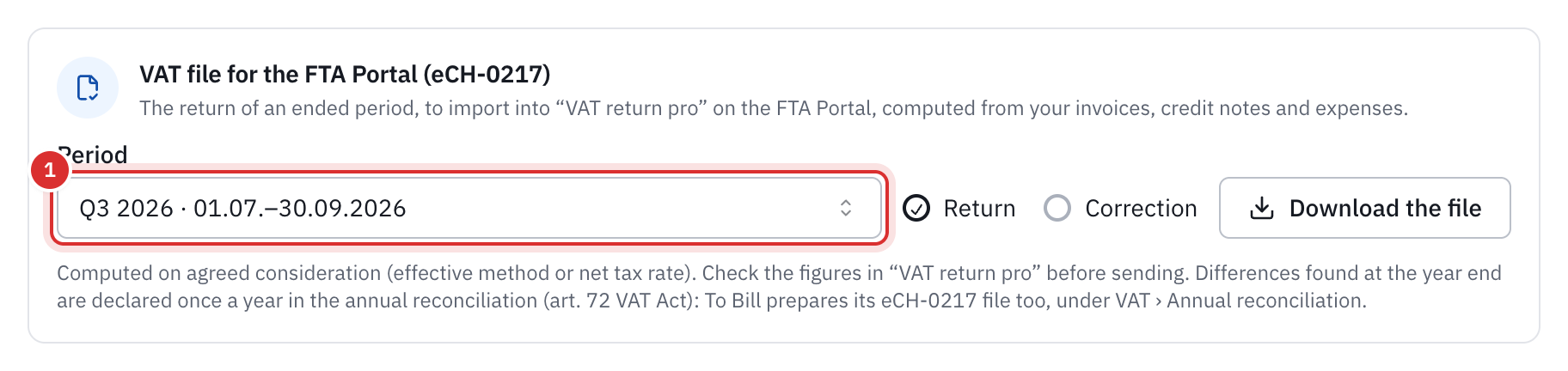 The VAT file for the FTA Portal (eCH-0217) card in the exports: the period, the Return or Correction type and the Download the file button.