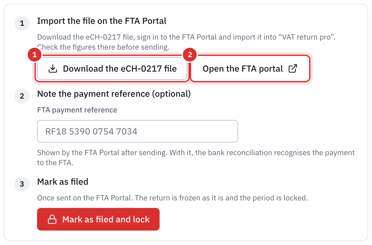 The Import the file on the FTA Portal step, with the Download the eCH-0217 file and Open the FTA Portal buttons.