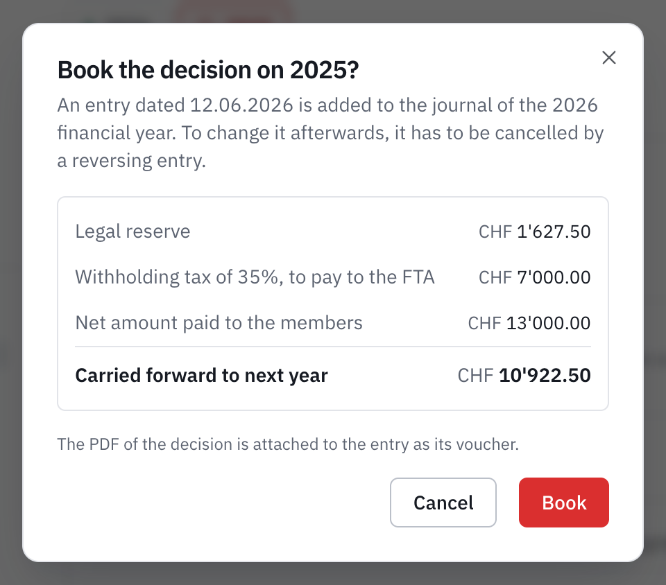 The Book the decision on 2025? window: the entry dated 12.06.2026, the legal reserve, the withholding tax, the net amount and the amount carried forward.