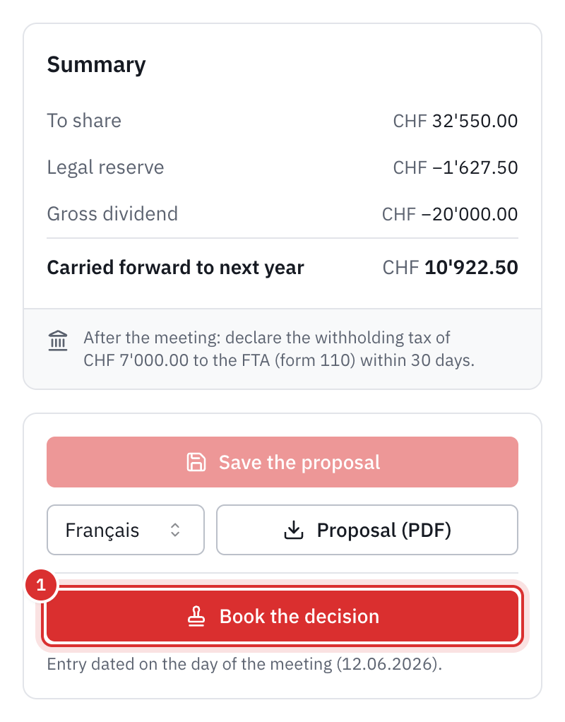 The Summary card: to share, legal reserve, gross dividend, carried forward, the withholding tax to declare on form 110, and the Proposal (PDF) and Book the decision buttons.