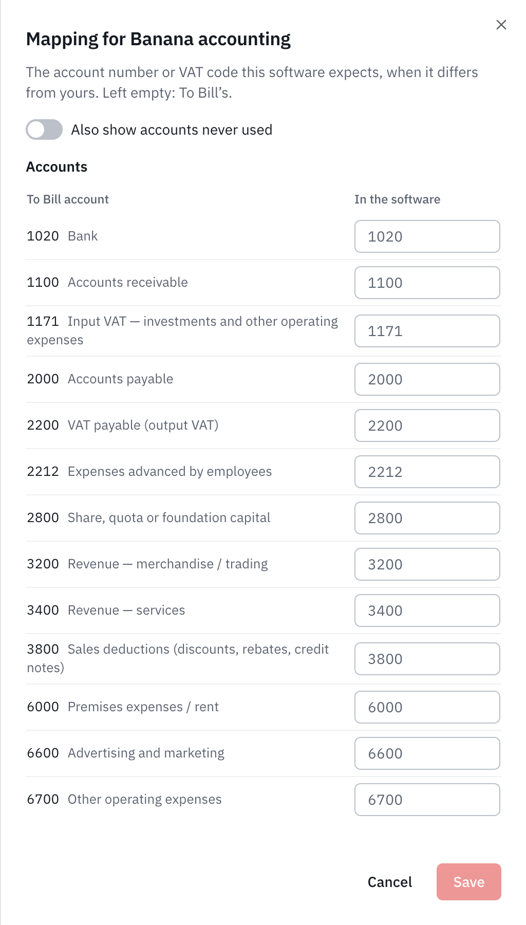 The Mapping window for Banana Accounting: the accounts used and the VAT codes, with the value the software expects.