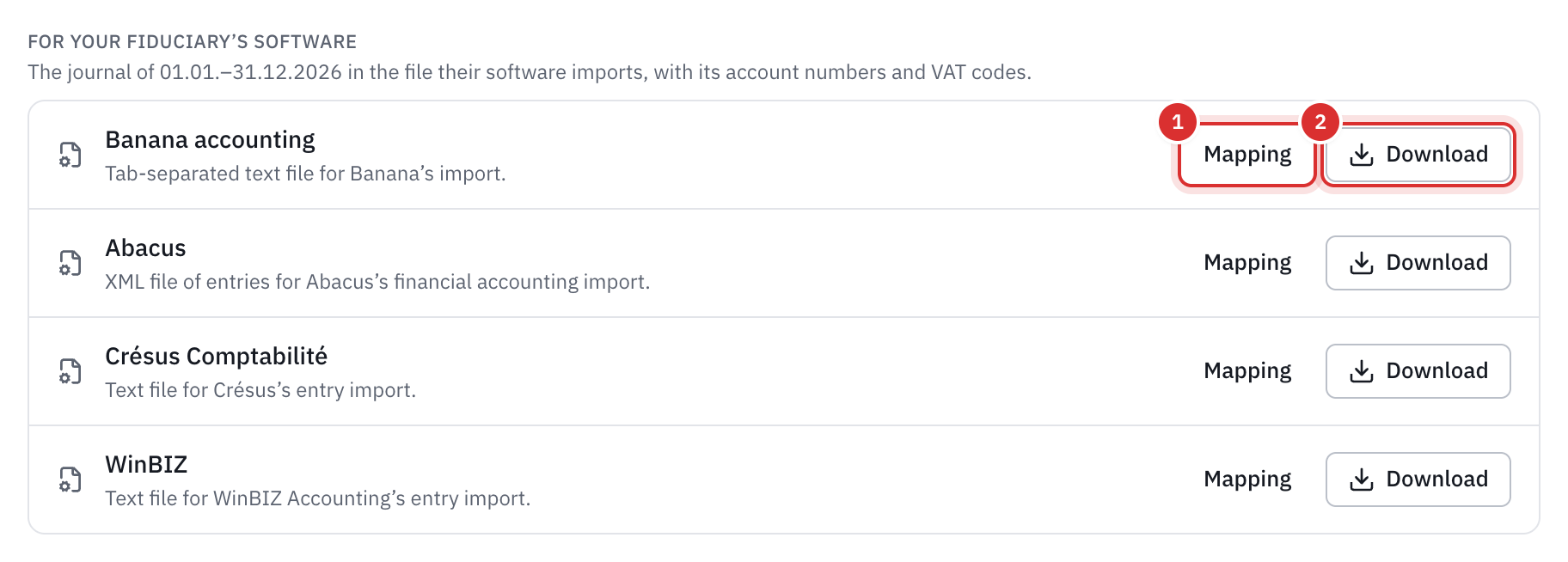 The four fiduciary software packages, each with its Mapping and Download buttons.