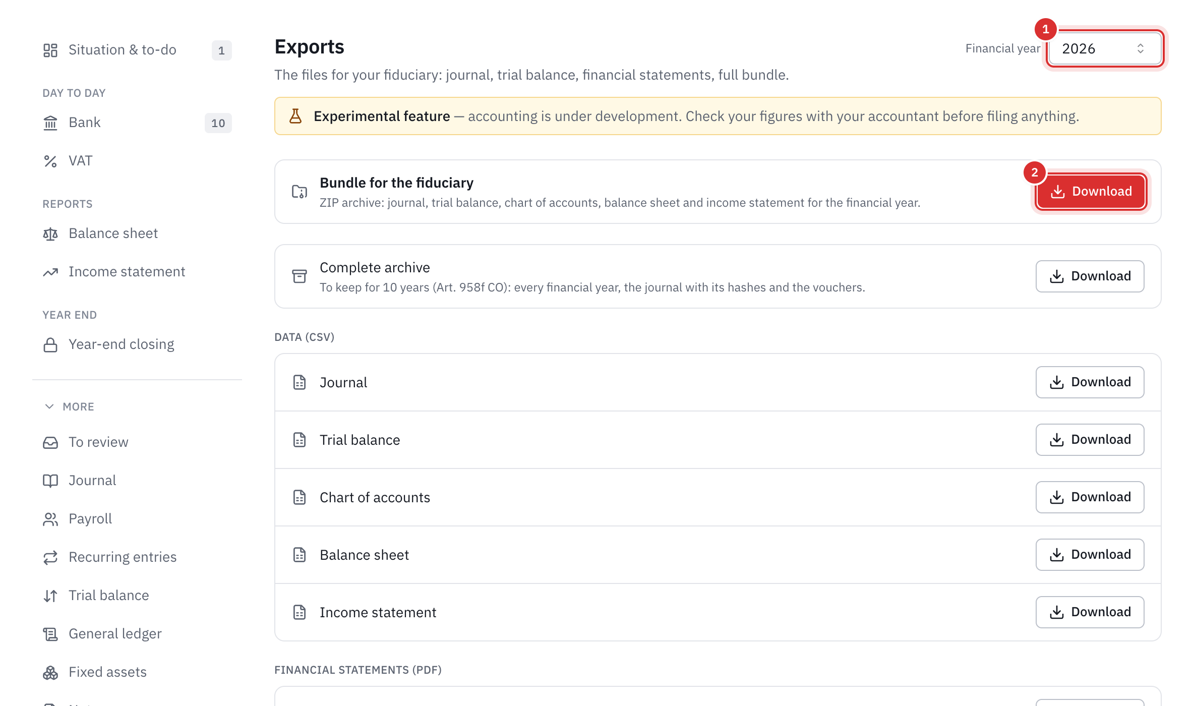 The Exports page: the choice of financial year, the bundle for the fiduciary, the complete archive and the data as CSV.