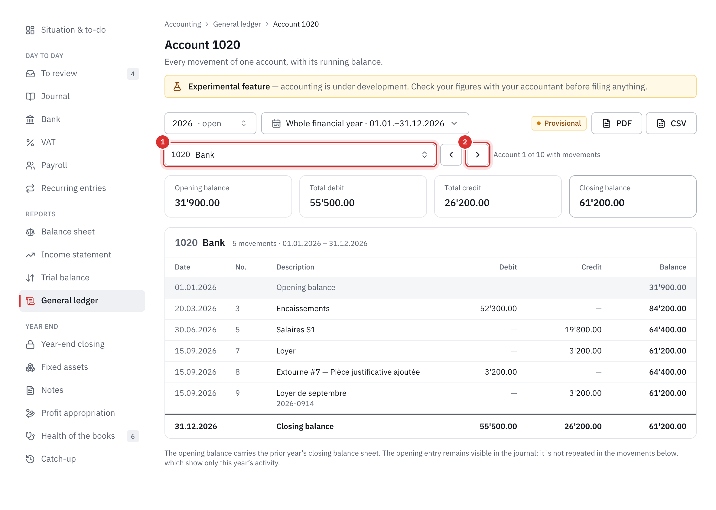 The general ledger of account 1020 Bank: the opening balance, the totals, the closing balance and each transaction with the running balance.