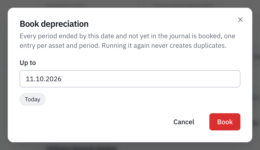 The Book depreciation window, with the Up to date and the Today and Closing shortcuts.