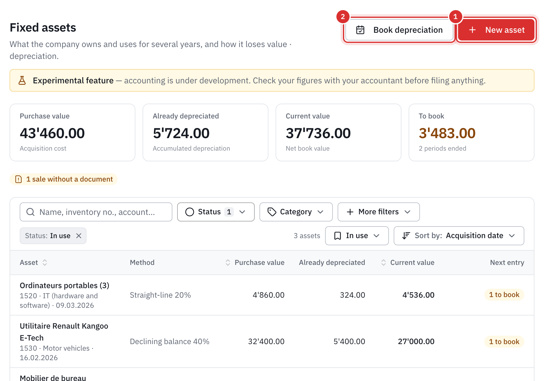 The fixed asset register: the four figures, the search and filter bar, and three assets in use.