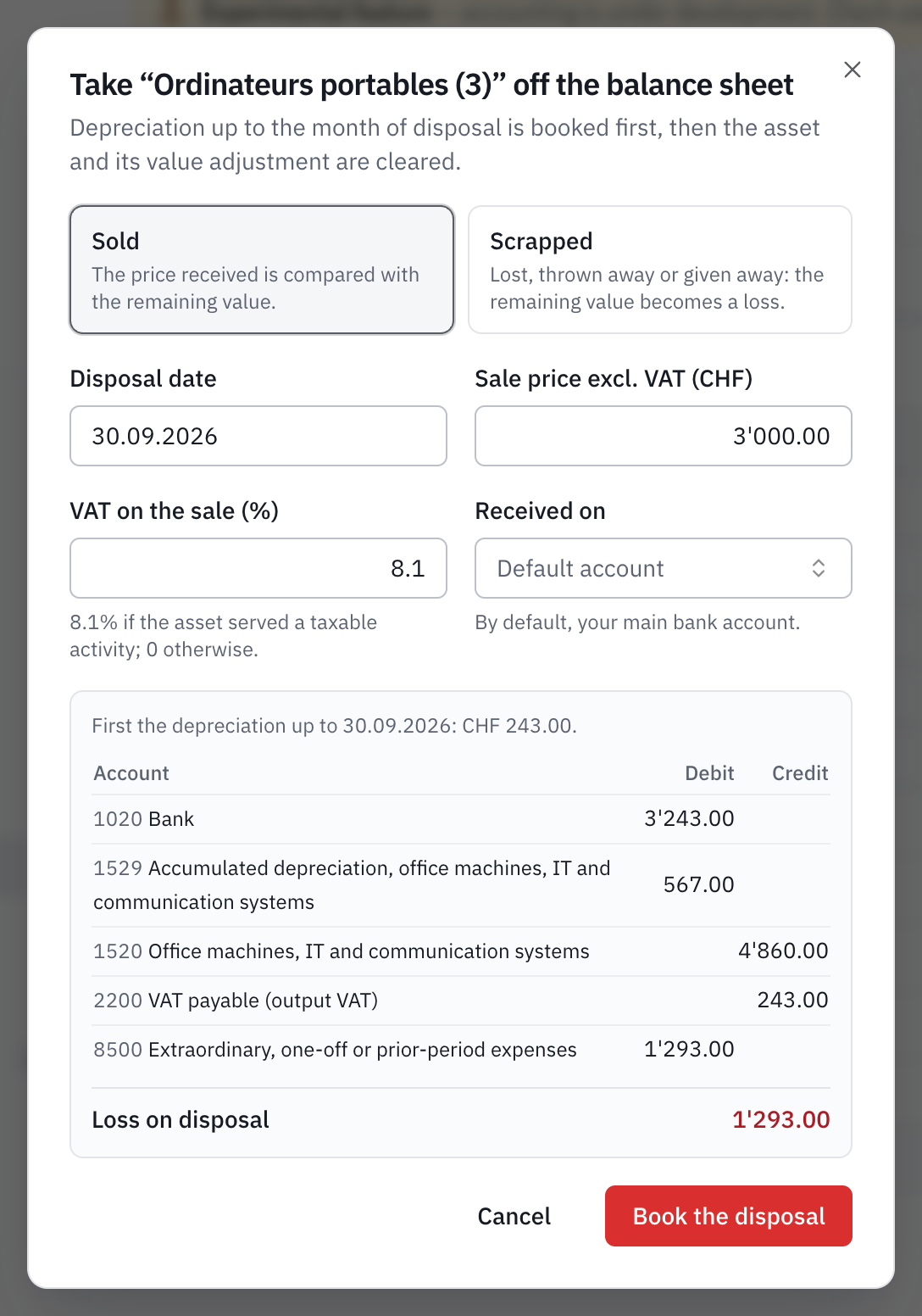 The disposal window for computers sold for CHF 3’000 excl. VAT: the depreciation up to the disposal, the entry proposed and the loss on disposal.