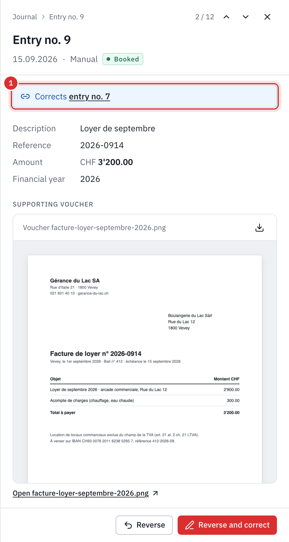The correction’s panel: the link Corrects entry no. 7 and the rent invoice attached as supporting voucher.
