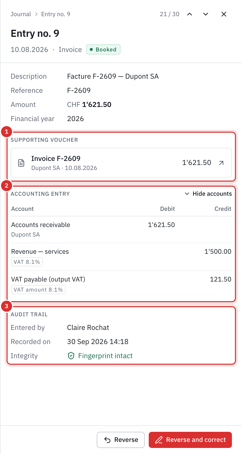 The panel of an entry: the invoice that supports it, its debit and credit lines, and its intact fingerprint.