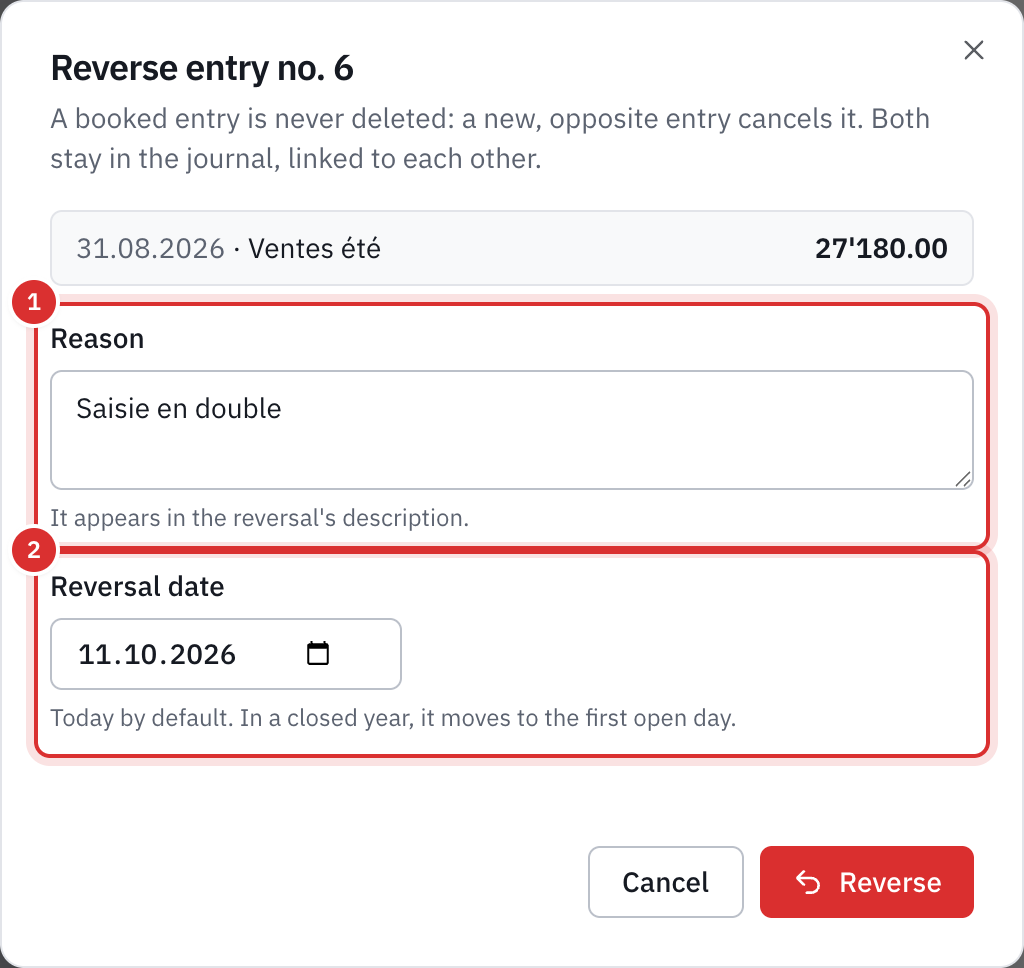 The Reverse entry no. 6 window: the reason Entered twice and the reversal date.