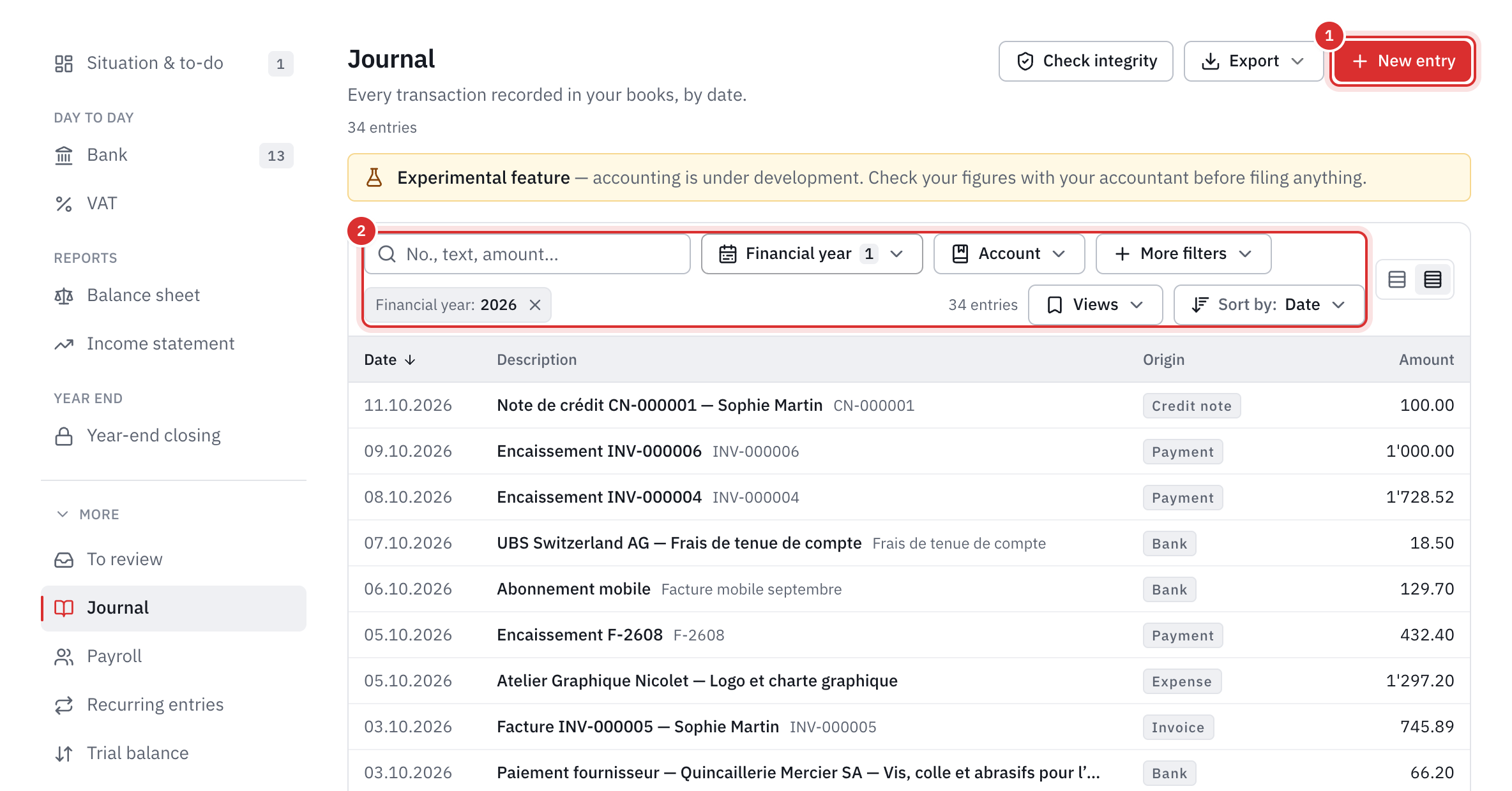 The journal: the New entry button, the search and filter bar, then the entries with their origin and amount.