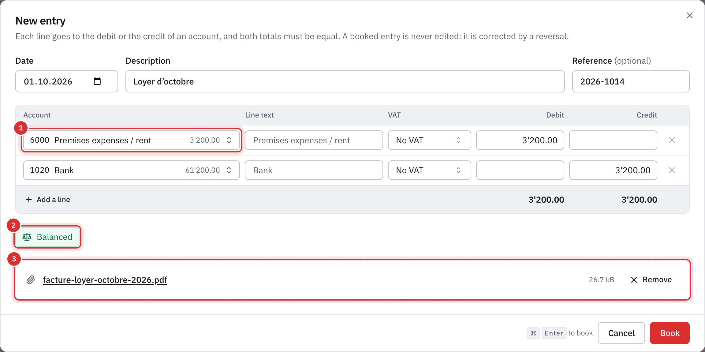 The New entry window: rent of CHF 3’200 debited to account 6000 and credited to bank 1020, balanced, with its invoice attached.
