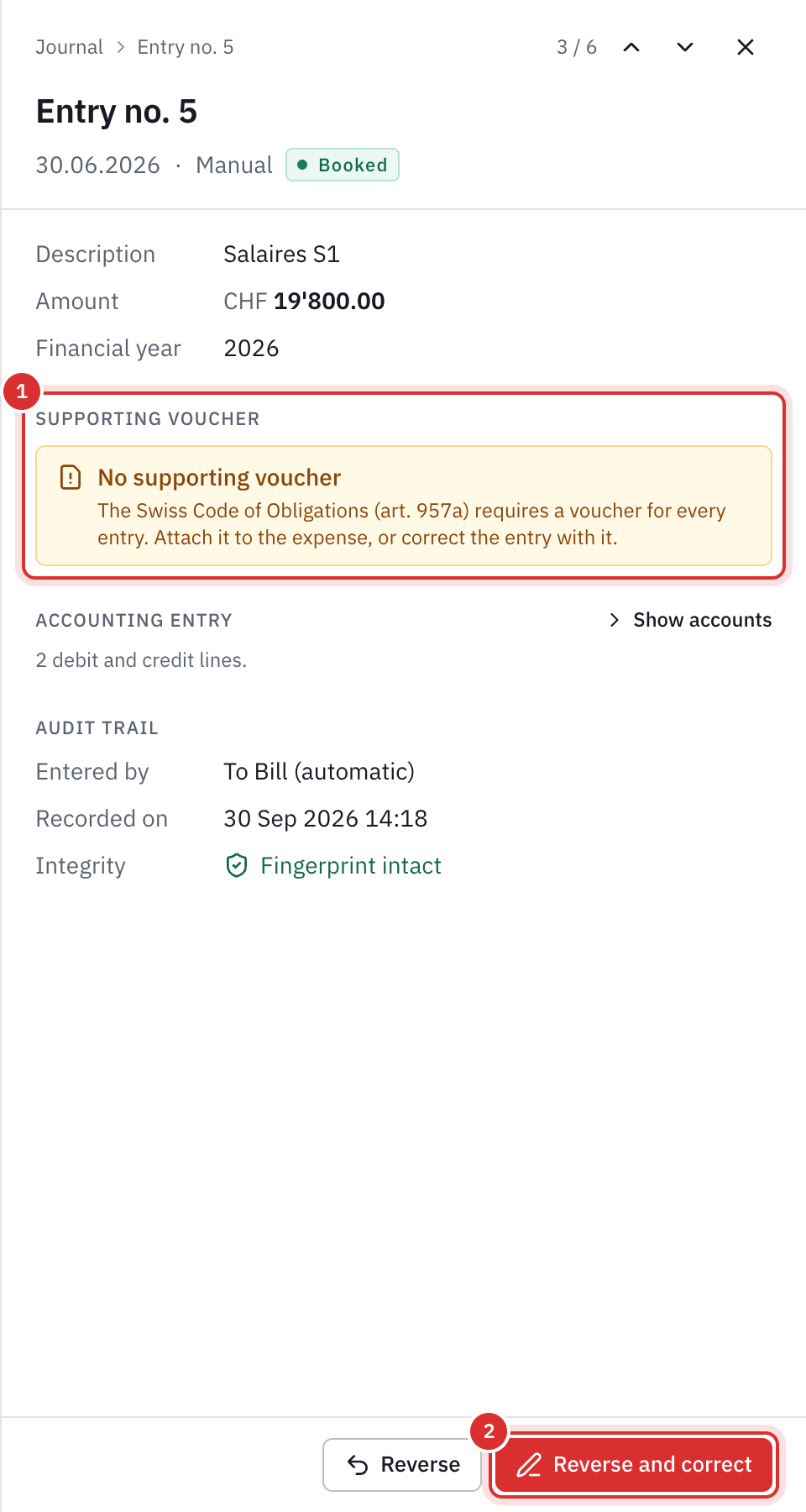 A manual entry without a voucher: the panel shows No supporting voucher and the Reverse and correct button.