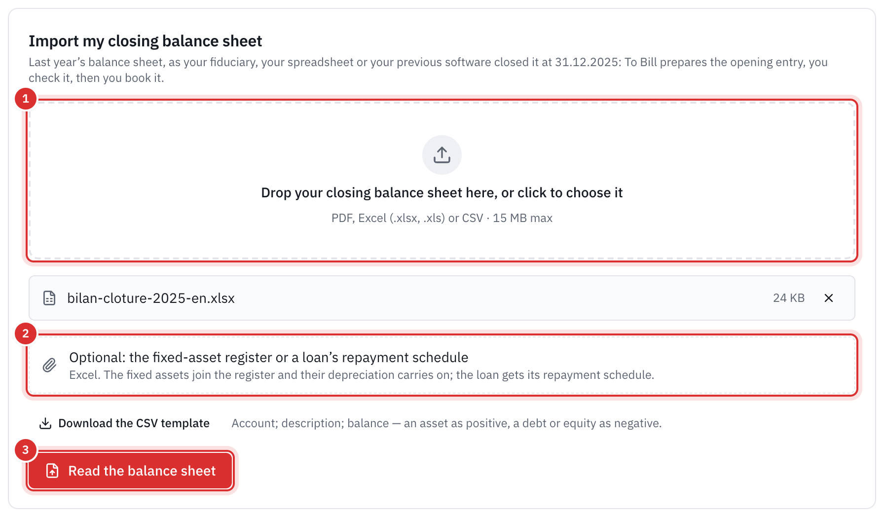The Import my closing balance sheet box: the balance sheet file chosen, the optional box for the fixed-asset register or the loan repayment schedule, and the Read the balance sheet button.