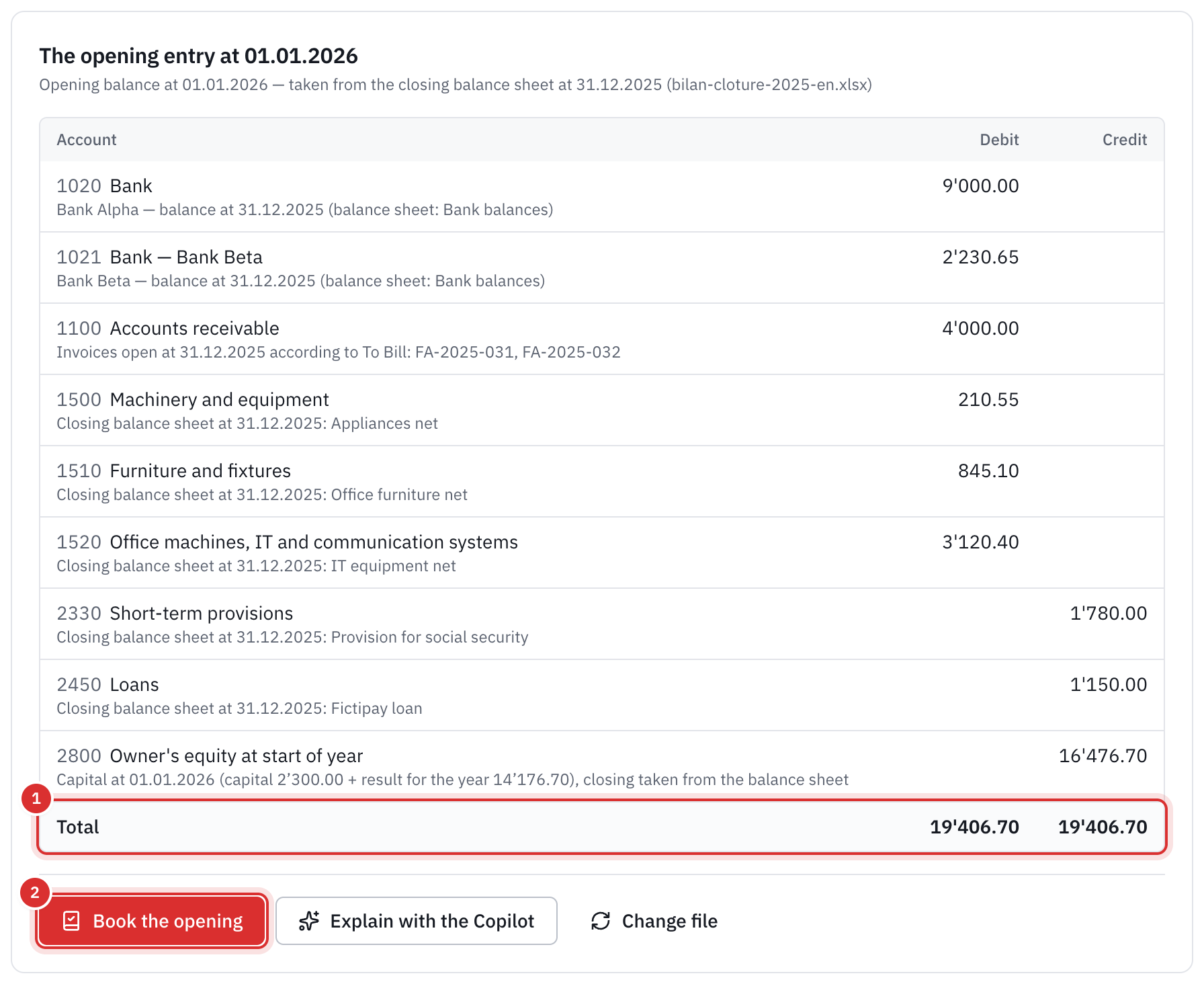 The opening entry at 01.01.2026: the banks, the receivables, the fixed assets, the provision, the loan and the capital, the balanced total, and the Book the opening button.