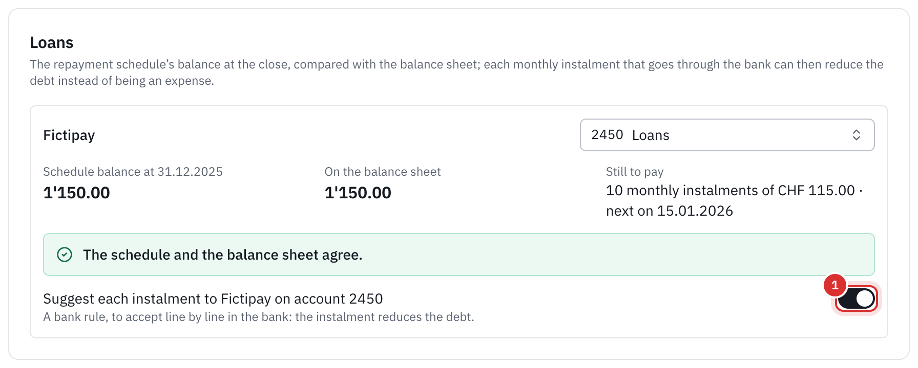 The Loans section: the balance of the repayment schedule and the balance sheet’s, which match, the ten instalments still to pay and the bank rule proposed.
