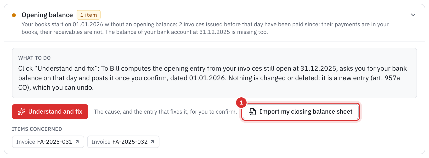 The Opening balance point in the health of the books: two 2025 invoices paid in January, the Understand and fix button and the Import my closing balance sheet button.