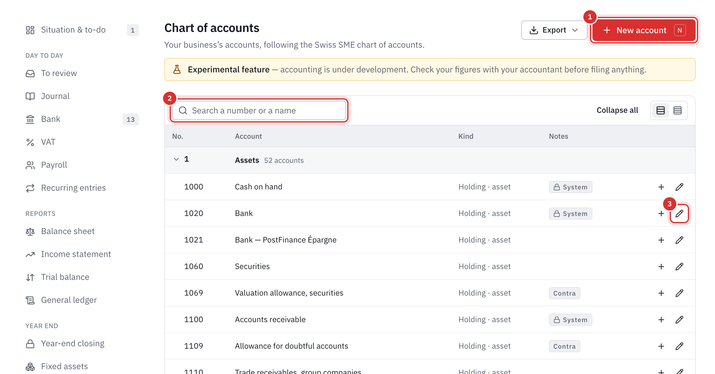 The chart of accounts: the class 1 accounts with their kind and notes, the New account button and the search.