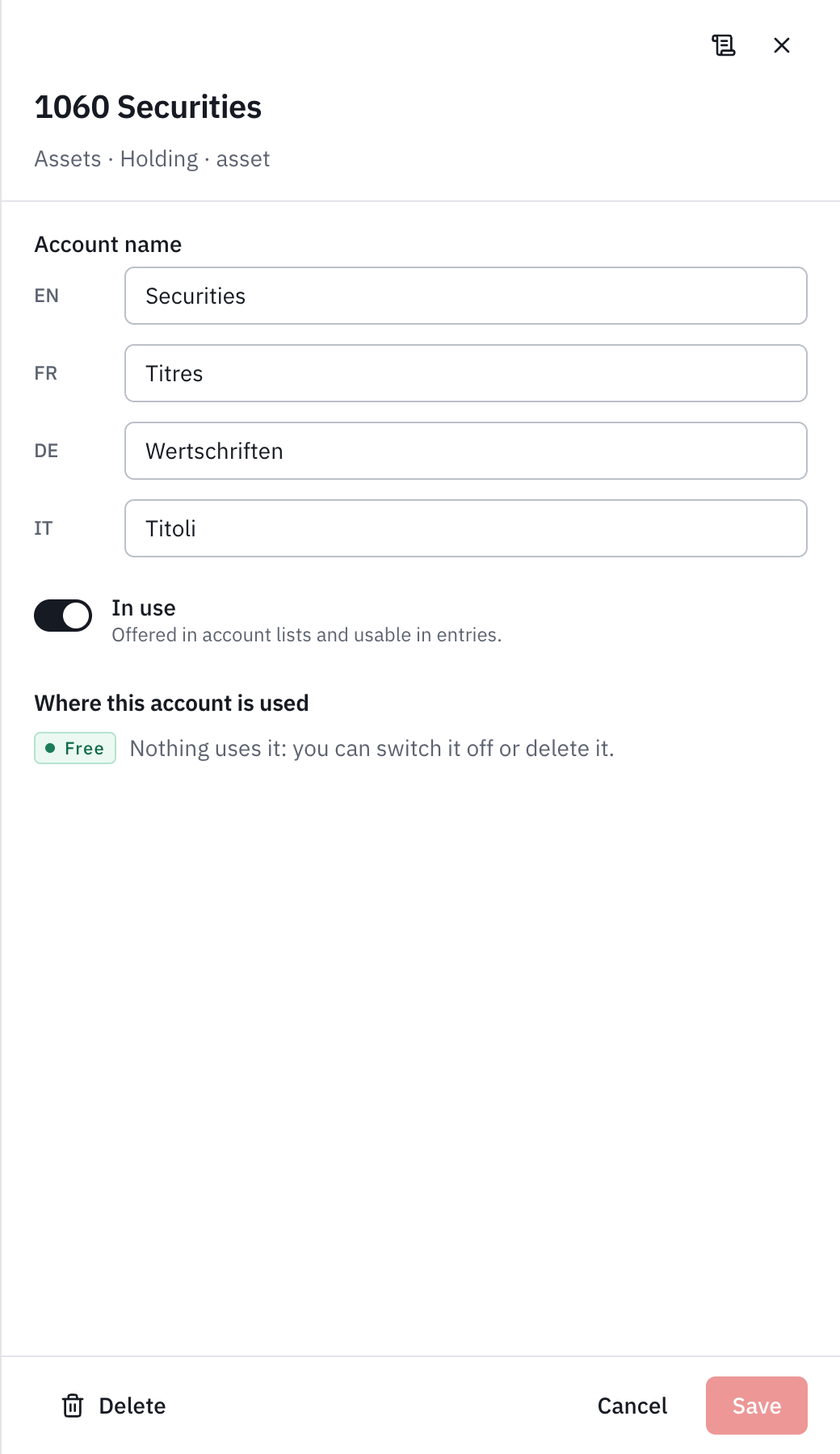 The window of account 1060 Securities: its names in four languages, the In use switch, and Where this account is used, free.