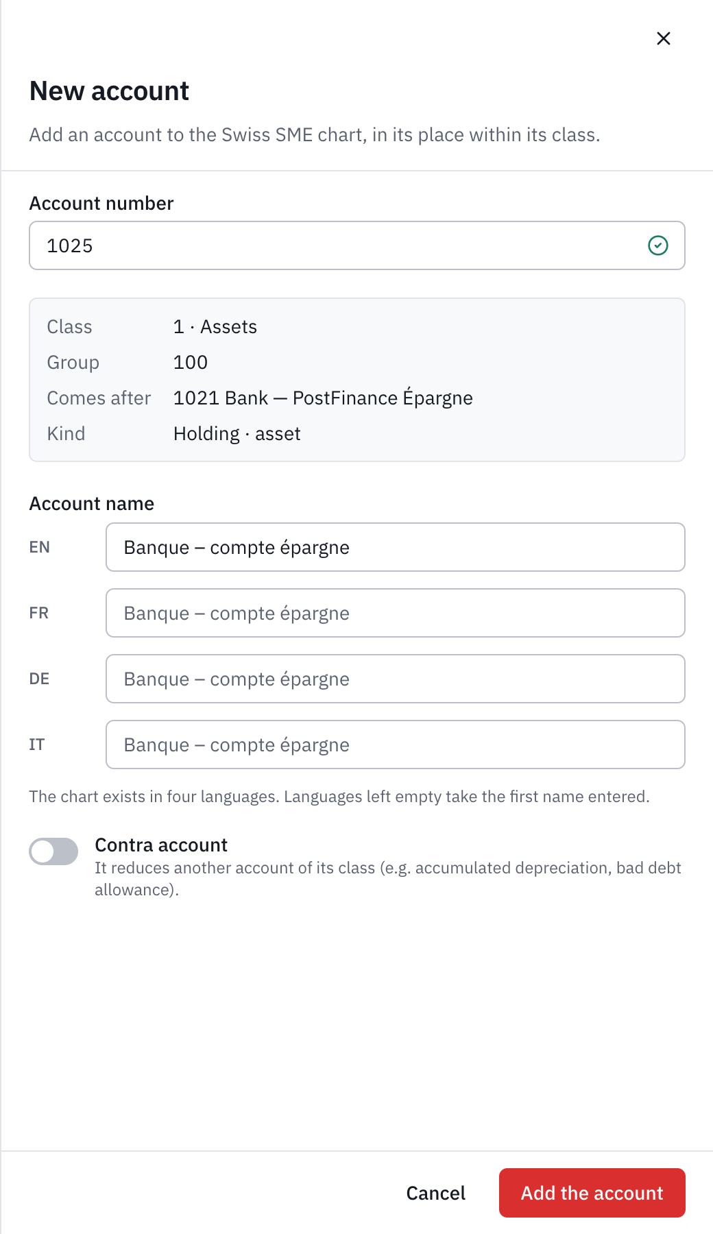 The New account window: number 1025, its place after 1020 Bank, and the name Bank – savings account.
