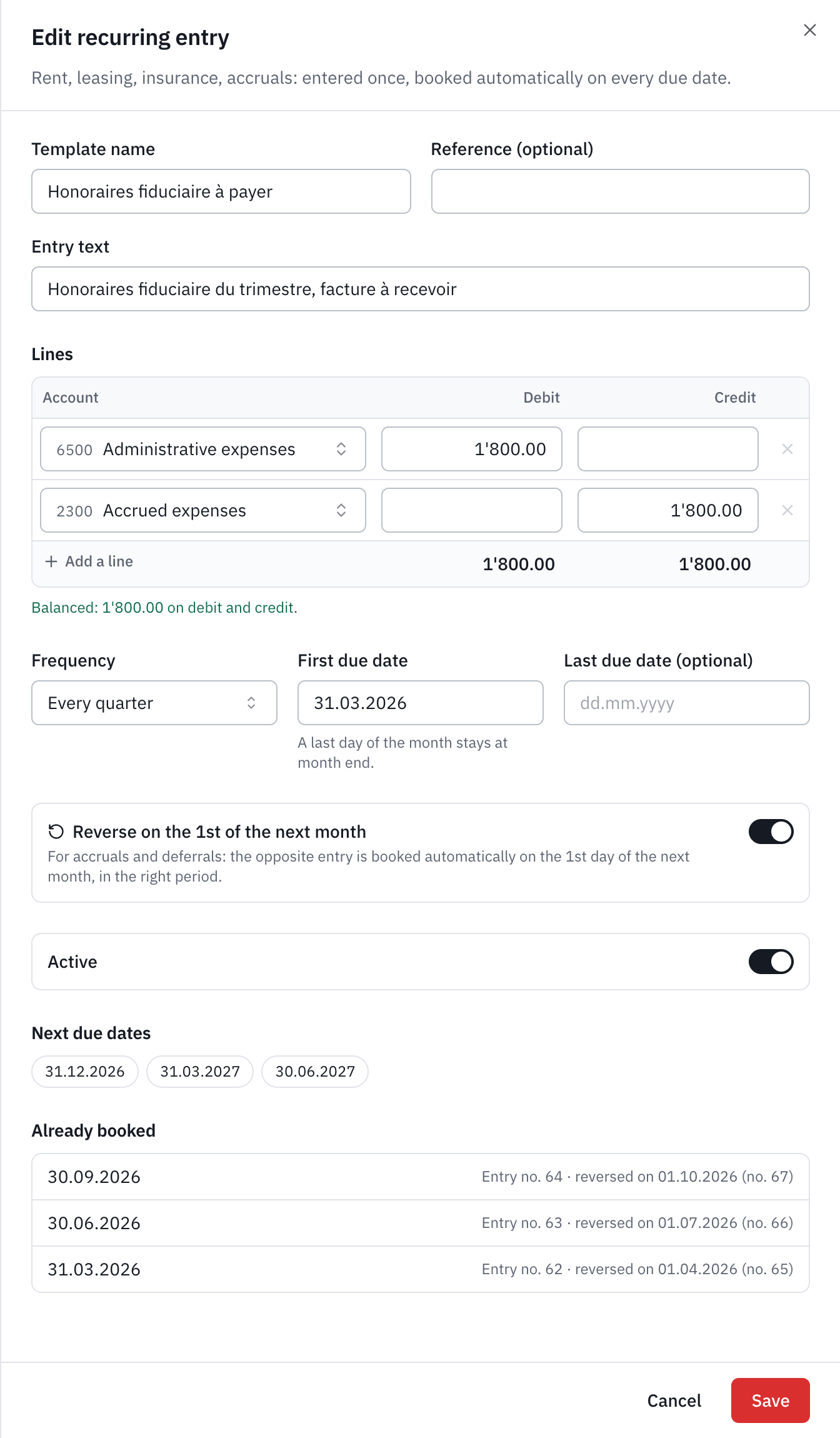 The recurring entry Fiduciary fees to pay: 6500 debited, 2300 Accrued expenses credited, every quarter, with the reversal on the 1st of the next month and the entries already booked.