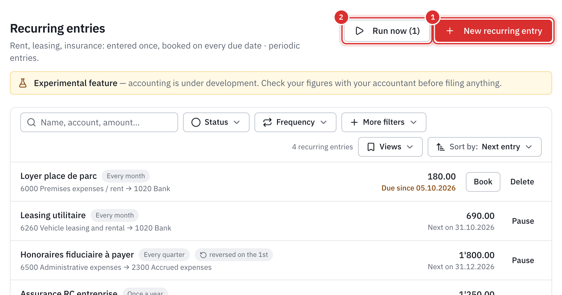The list of recurring entries: a parking space rent that is due with the Book button, a lease, fees to pay reversed on the 1st and an annual insurance premium.