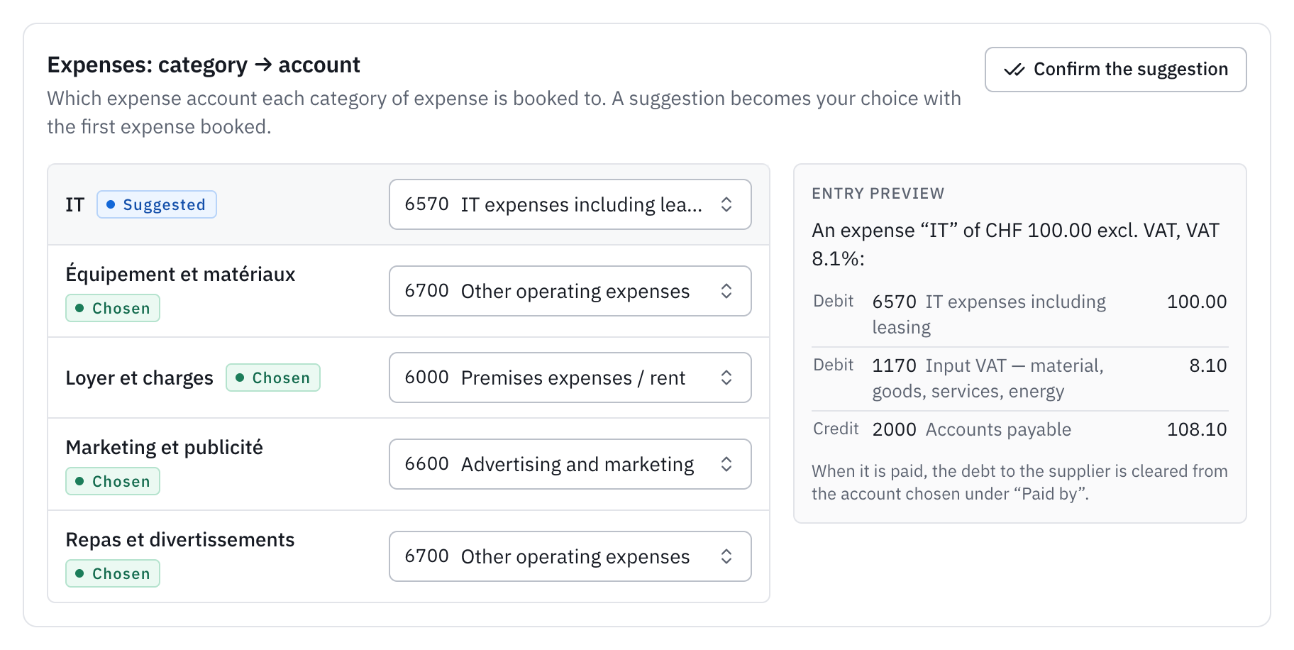 The Expenses: category to account card, with the IT category suggested on account 6570 and the entry preview.