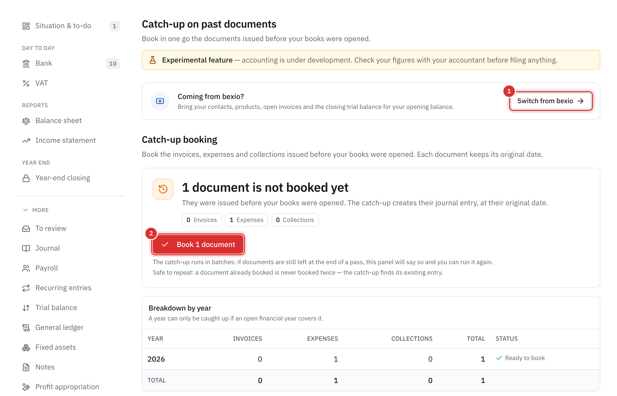 The Catch-up on past documents page: the Switch from bexio link, one document not yet posted, the Post 1 document button and the breakdown by year.
