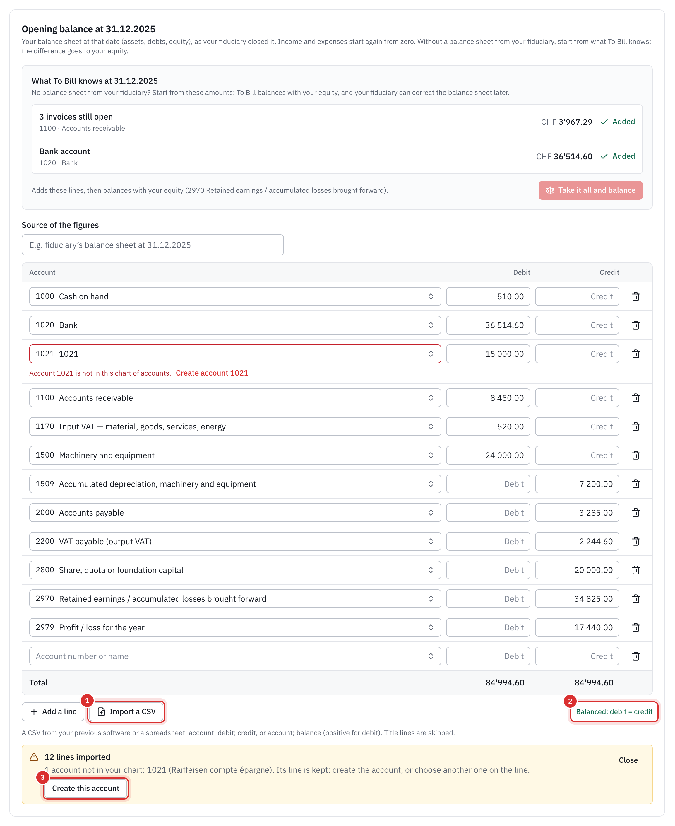 The imported opening balance sheet: one line per account, balanced, the line of account 1021 flagged as missing from the chart of accounts, and the message with the Create this account button.