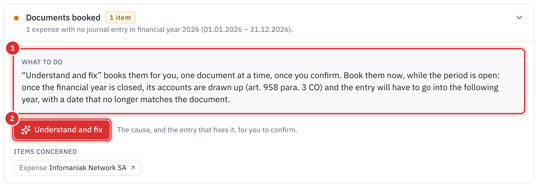 A point to check: an expense without an entry in the journal, what to do, and the expense concerned.