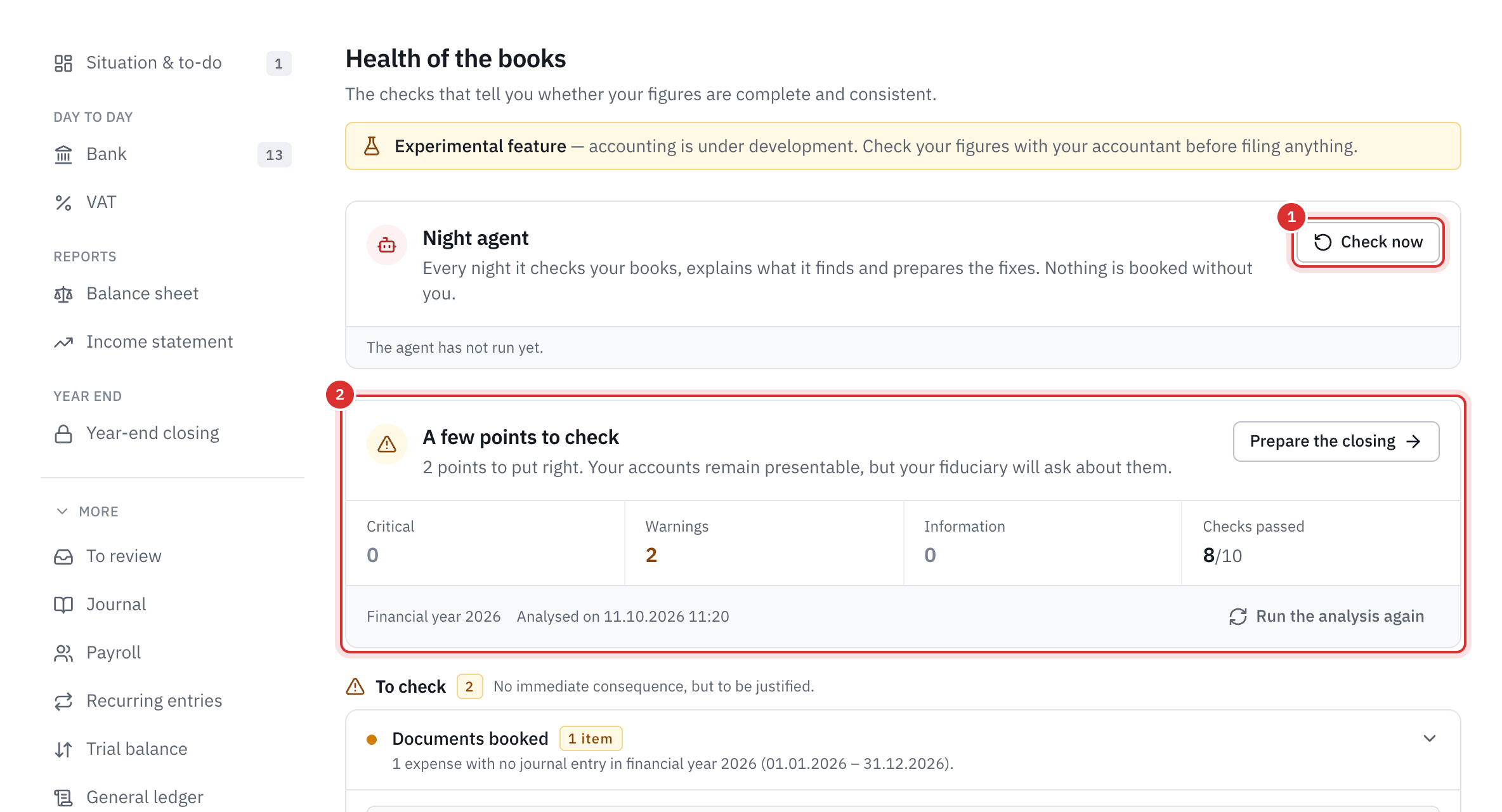 The Health of the books page: the night agent with Check now, then the diagnosis A few points to check with its counters.