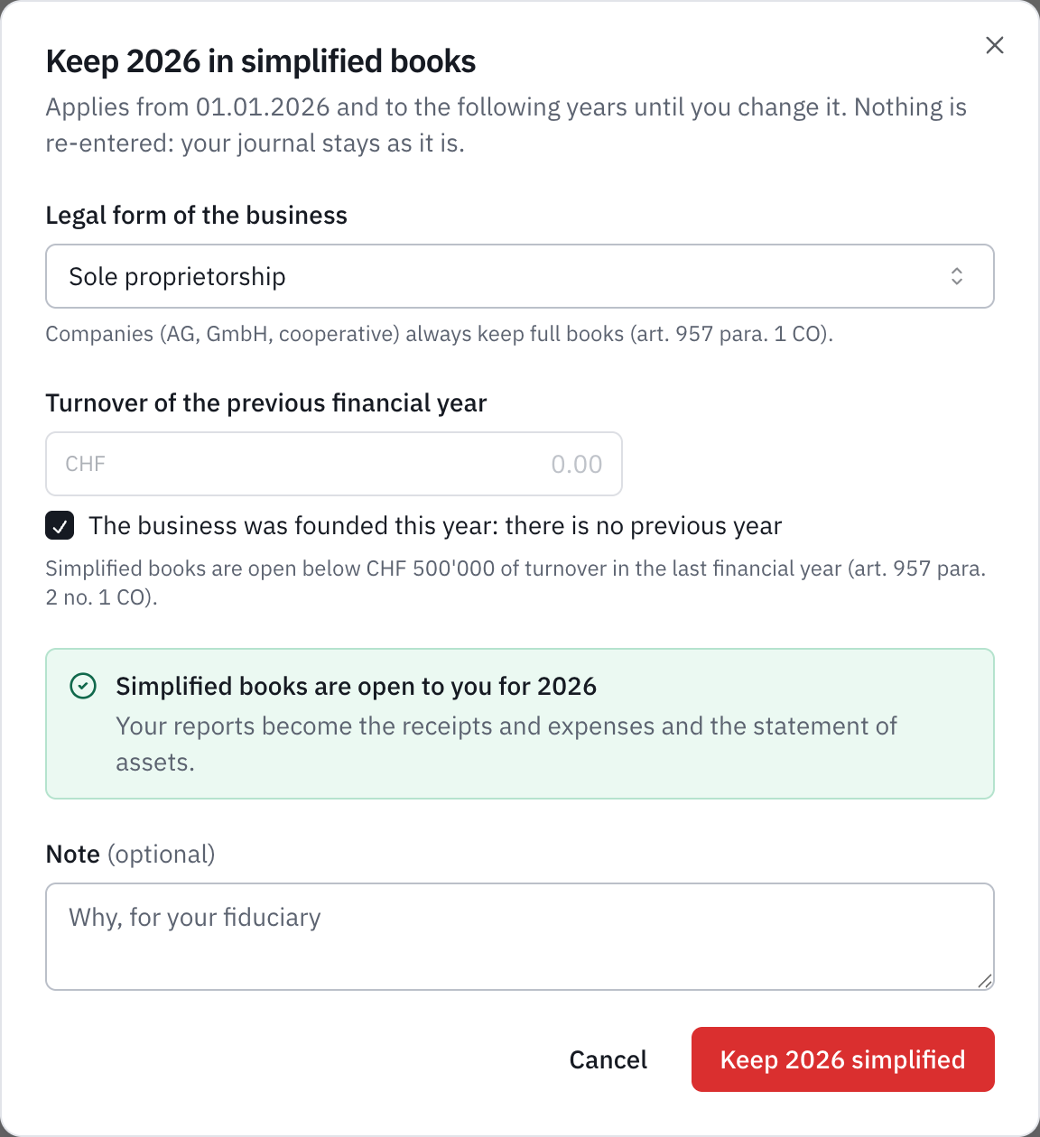 The Keep 2026 in simplified books window: a sole proprietorship founded this year, and the message Simplified books are open to you for 2026.