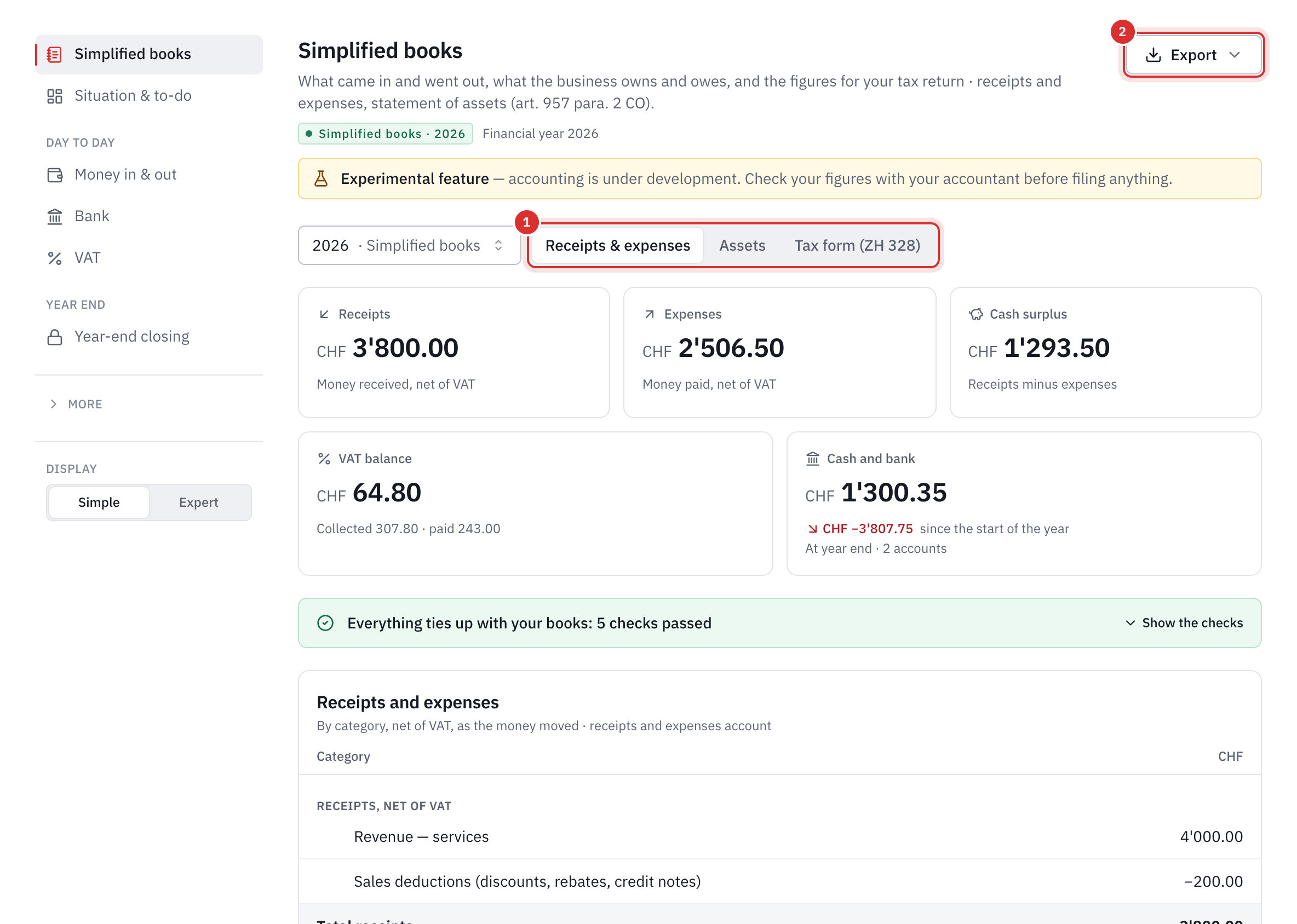 The 2026 simplified books: receipts, expenses, cash surplus, VAT balance, cash and bank, and the check Everything ties up with your books.